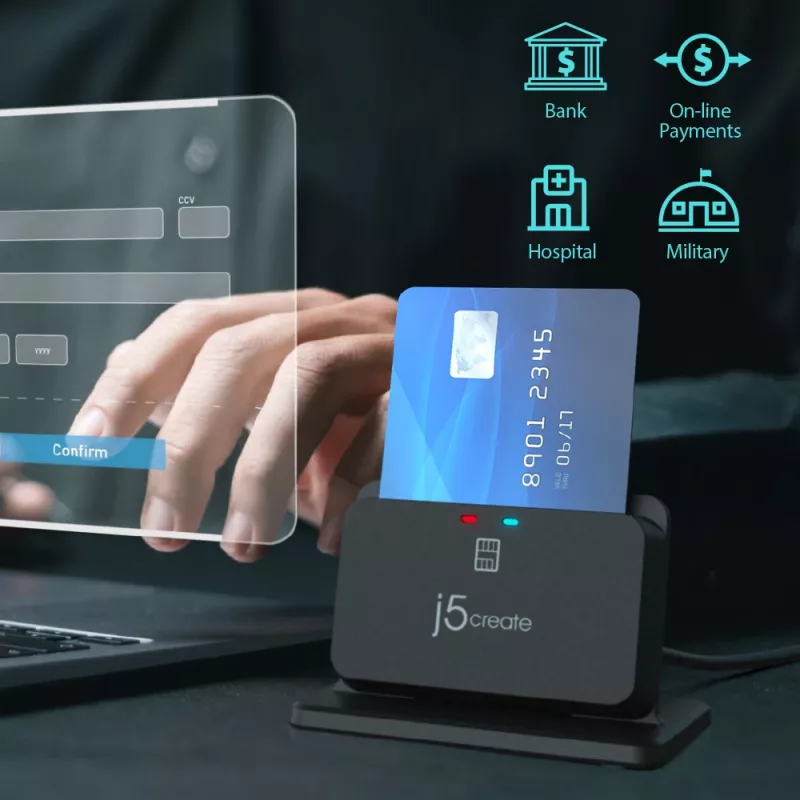 j5create JUR261 USB™ Smart Card / CAC Reader-standaard, USB Type-A/USB Type-C, zwart, 95 g