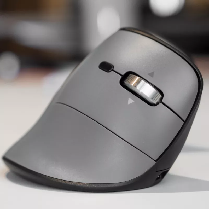 BakkerElkhuizen FastForward Pro muis, rechtshandig, verticaal ontwerp, optisch, RF draadloos + Bluetooth + USB Type-C, 5000 DPI, zwart, grijs