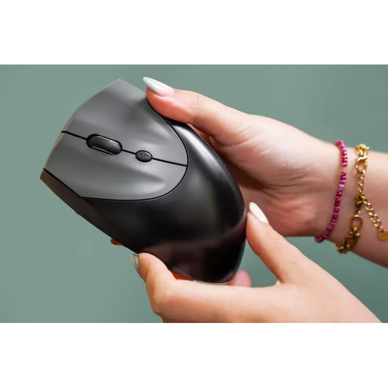 BakkerElkhuizen Handshake muis links, linkshandig, verticaal design, optisch, RF draadloos + Bluetooth + USB Type-C, 6400 DPI, zwart, grijs