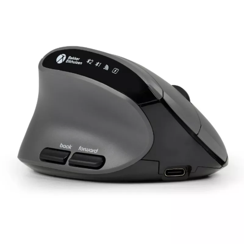 BakkerElkhuizen MidWay muis links, linkshandig, verticaal design, optisch, RF draadloos + Bluetooth + USB Type-C, 2400 DPI, grijs, zwart