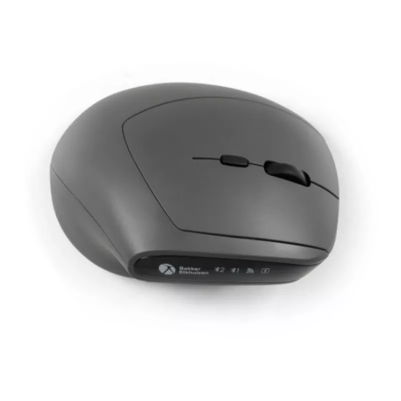 BakkerElkhuizen MidWay muis links, linkshandig, verticaal design, optisch, RF draadloos + Bluetooth + USB Type-C, 2400 DPI, grijs, zwart