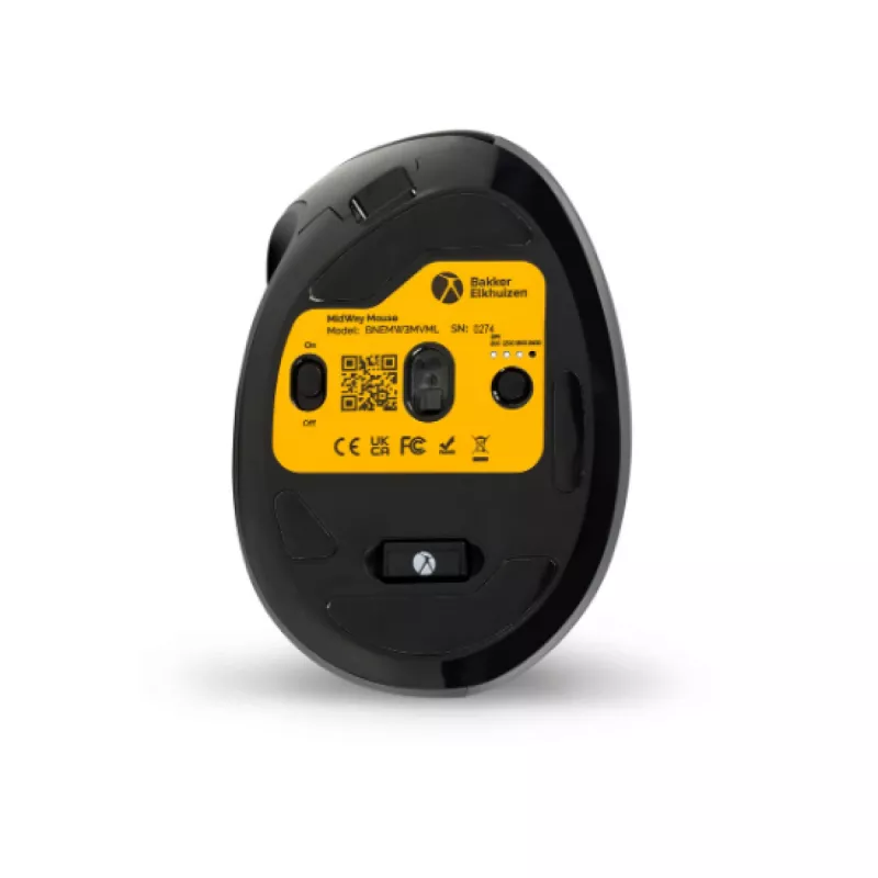 BakkerElkhuizen MidWay muis links, linkshandig, verticaal design, optisch, RF draadloos + Bluetooth + USB Type-C, 2400 DPI, grijs, zwart