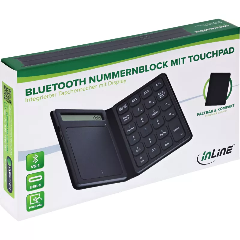 InLine 55379G Bluetooth-numeriek toetsenbord met touchpad en display, opvouwbaar, zwart