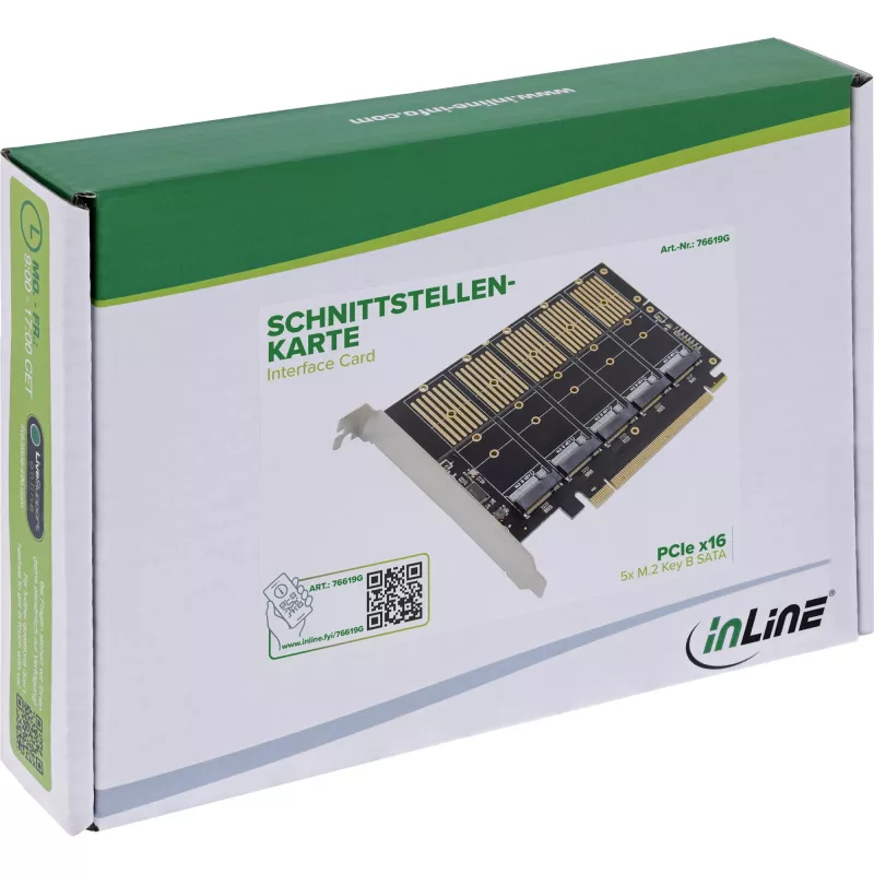 InLine 76619G Interfacekaart, PCIe x16 naar 5x M.2 Key B SATA, incl. low-profile beugel