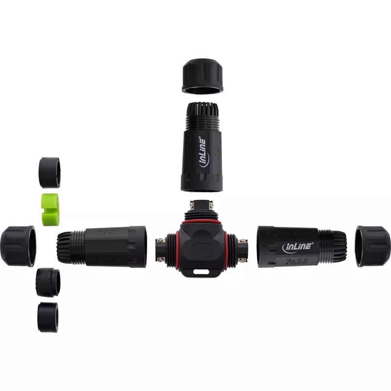 InLine 69927U IP68 netspanningskoppeling, 3-polig, 3-weg (T), M20, zwart