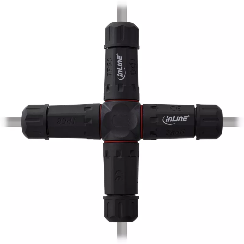 InLine 69927V IP68 netspanningskoppeling, 3-polig, 4-weg (kruis), M20, zwart