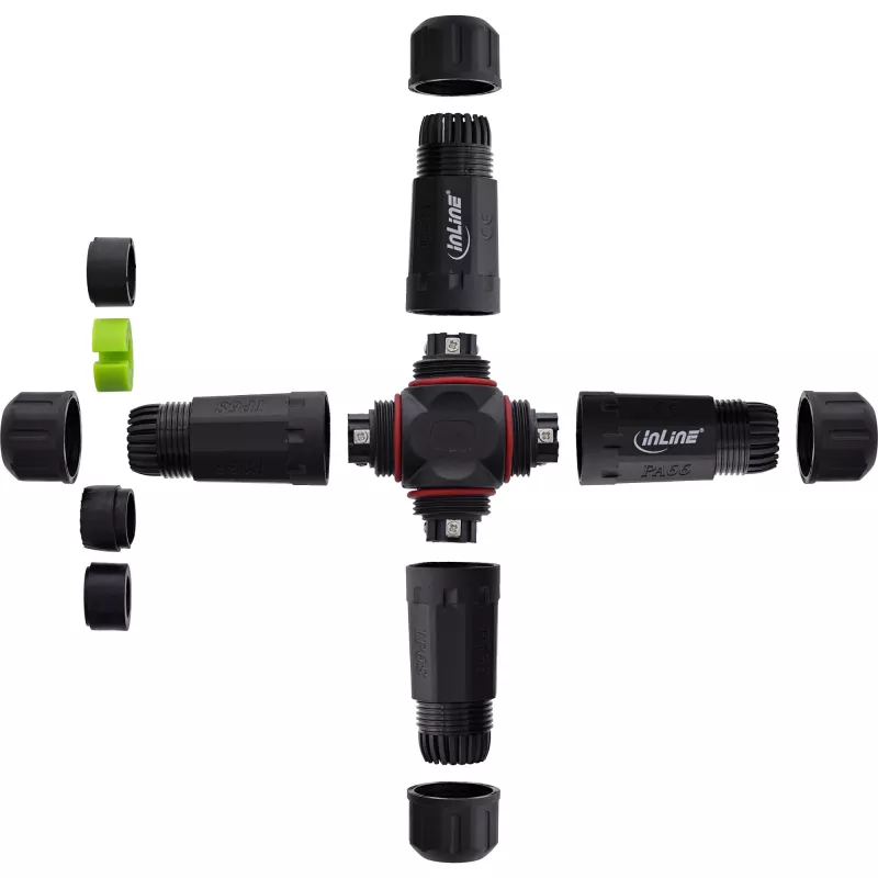 InLine 69927V IP68 netspanningskoppeling, 3-polig, 4-weg (kruis), M20, zwart