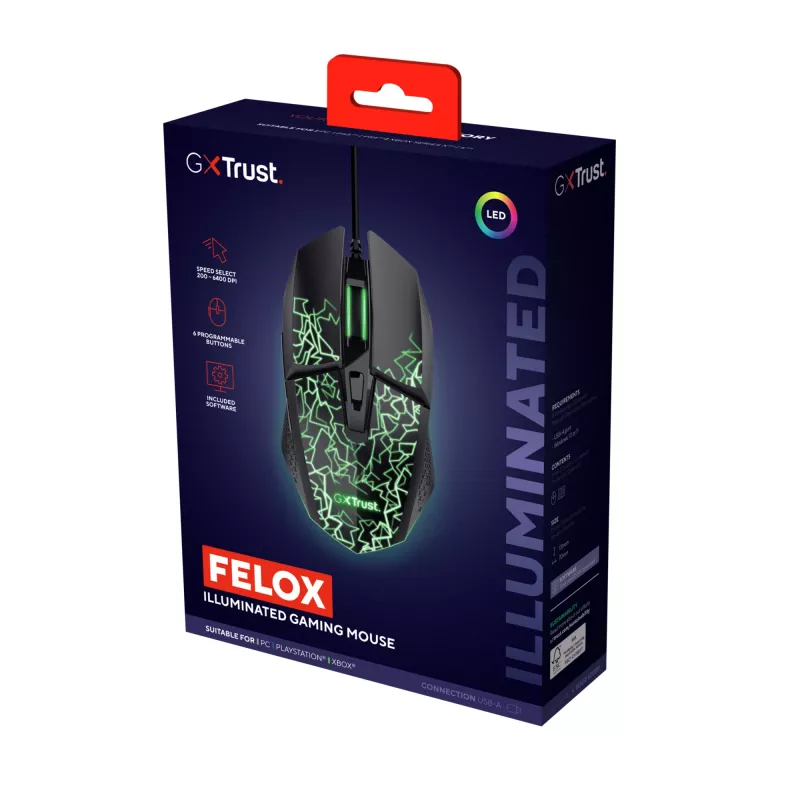Trust GXT 113 Felox muis gaming rechtshandig USB Type-A optisch 6400 DPI