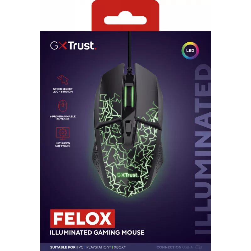 Trust GXT 113 Felox muis gaming rechtshandig USB Type-A optisch 6400 DPI