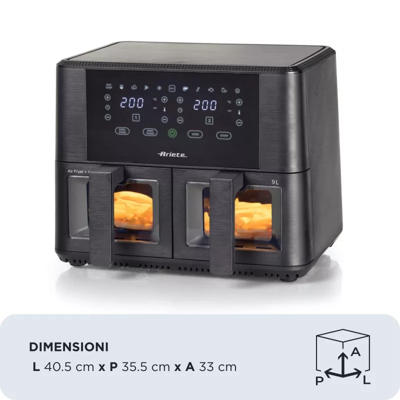 Ariete 4631 Double heteluchtfriteuse 9L, 2400W, totale capaciteit 9L, 11 programma's, multifunctioneel, tot 3,6 kg gefrituurde gerechten temperatuur tot 200°C, dubbele mand, zwart