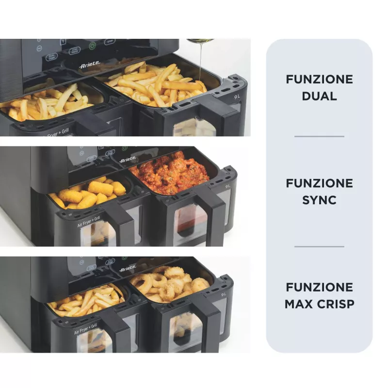 Ariete 4631 Double heteluchtfriteuse 9L, 2400W, totale capaciteit 9L, 11 programma's, multifunctioneel, tot 3,6 kg gefrituurde gerechten temperatuur tot 200°C, dubbele mand, zwart