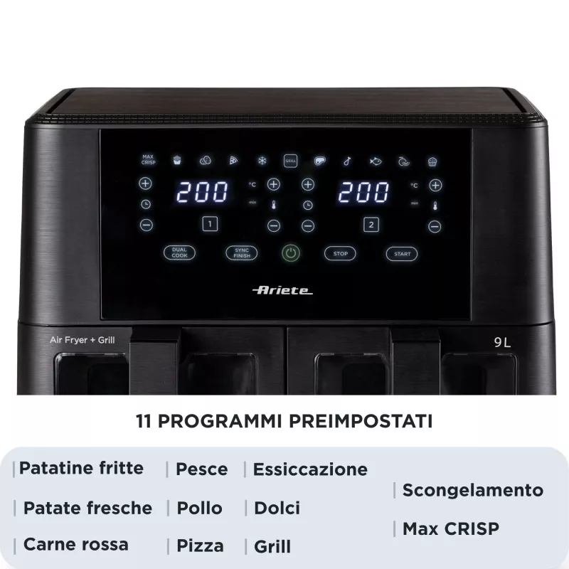 Ariete 4631 Double heteluchtfriteuse 9L, 2400W, totale capaciteit 9L, 11 programma's, multifunctioneel, tot 3,6 kg gefrituurde gerechten temperatuur tot 200°C, dubbele mand, zwart
