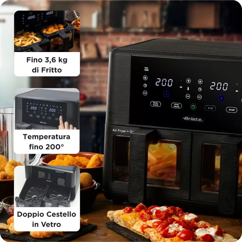 Ariete 4631 Double heteluchtfriteuse 9L, 2400W, totale capaciteit 9L, 11 programma's, multifunctioneel, tot 3,6 kg gefrituurde gerechten temperatuur tot 200°C, dubbele mand, zwart