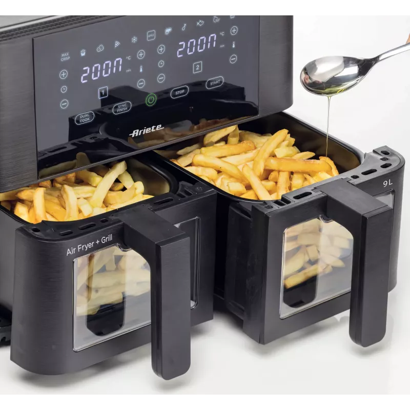 Ariete 4631 Double heteluchtfriteuse 9L, 2400W, totale capaciteit 9L, 11 programma's, multifunctioneel, tot 3,6 kg gefrituurde gerechten temperatuur tot 200°C, dubbele mand, zwart
