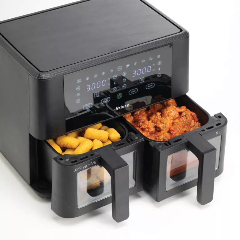 Ariete 4631 Double heteluchtfriteuse 9L, 2400W, totale capaciteit 9L, 11 programma's, multifunctioneel, tot 3,6 kg gefrituurde gerechten temperatuur tot 200°C, dubbele mand, zwart