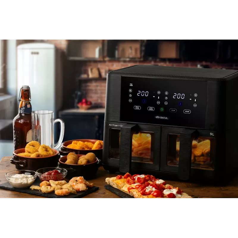 Ariete 4631 Double heteluchtfriteuse 9L, 2400W, totale capaciteit 9L, 11 programma's, multifunctioneel, tot 3,6 kg gefrituurde gerechten temperatuur tot 200°C, dubbele mand, zwart