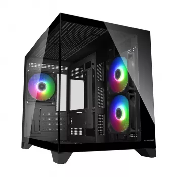Mini-tower pc-behuizing Cougar FV150 ARGB — zwart, ondersteunt 2x120/140 mm zijventilatoren, 1x120 mm achter, HDD 2,5 inch/3,5 inch, 285×435×365 mm