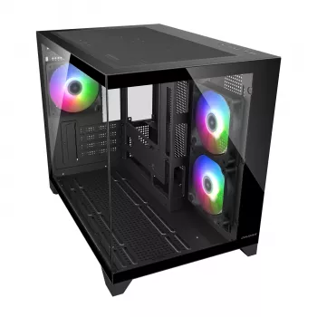 Mini-tower pc-behuizing Cougar FV150 ARGB — zwart, ondersteunt 2x120/140 mm zijventilatoren, 1x120 mm achter, HDD 2,5 inch/3,5 inch, 285×435×365 mm