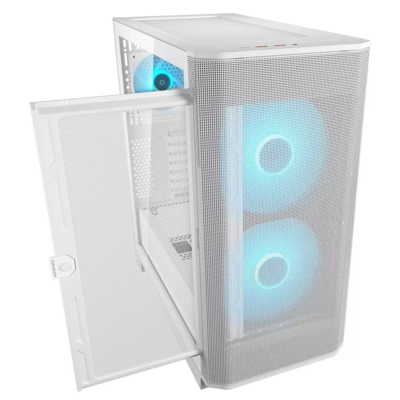 COUGAR pc midi-tower behuizing Airface FLO ARGB wit — 2x180mm voor, 1x120mm achter, ondersteunt 2,5 inch/3,5 inch HDD, 240×480×509 mm