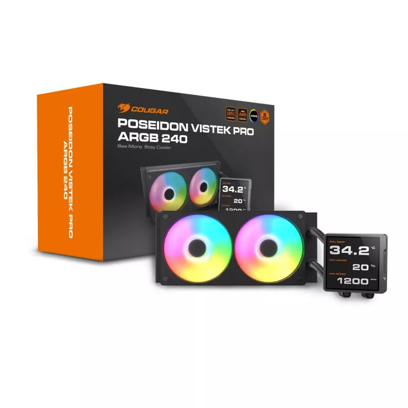 All-in-one CPU-waterkoeling Cougar Poseidon Vistek Pro 240, ARGB, 120-mm-ventilator, 700–2500 RPM, zwart