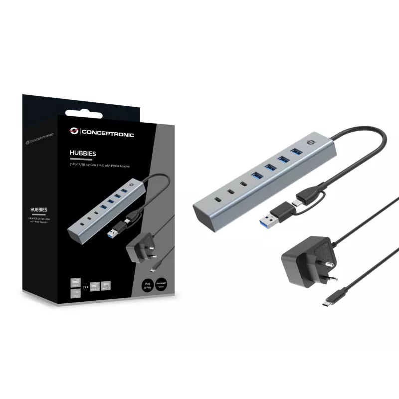 Conceptronic HUBBIES20GP 7-poorts USB 3.0-hub met voeding, 5Gbps, USB-C x 3, USB-A x 4