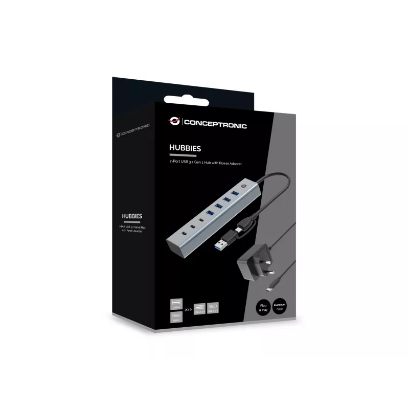 Conceptronic HUBBIES20GP 7-poorts USB 3.0-hub met voeding, 5Gbps, USB-C x 3, USB-A x 4