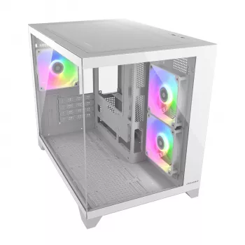 Mini tower pc-behuizing Cougar FV150 ARGB wit — Micro-ATX / Mini-ITX, zijvenster, 2x120mm + 1x120mm ventilatoren, 2,5 inch & 3,5 inch bays