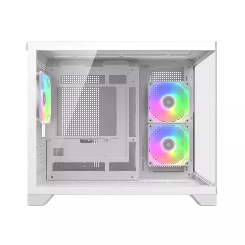 Mini tower pc-behuizing Cougar FV150 ARGB wit — Micro-ATX / Mini-ITX, zijvenster, 2x120mm + 1x120mm ventilatoren, 2,5 inch & 3,5 inch bays