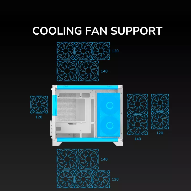 Mini tower pc-behuizing Cougar FV150 ARGB wit — Micro-ATX / Mini-ITX, zijvenster, 2x120mm + 1x120mm ventilatoren, 2,5 inch & 3,5 inch bays