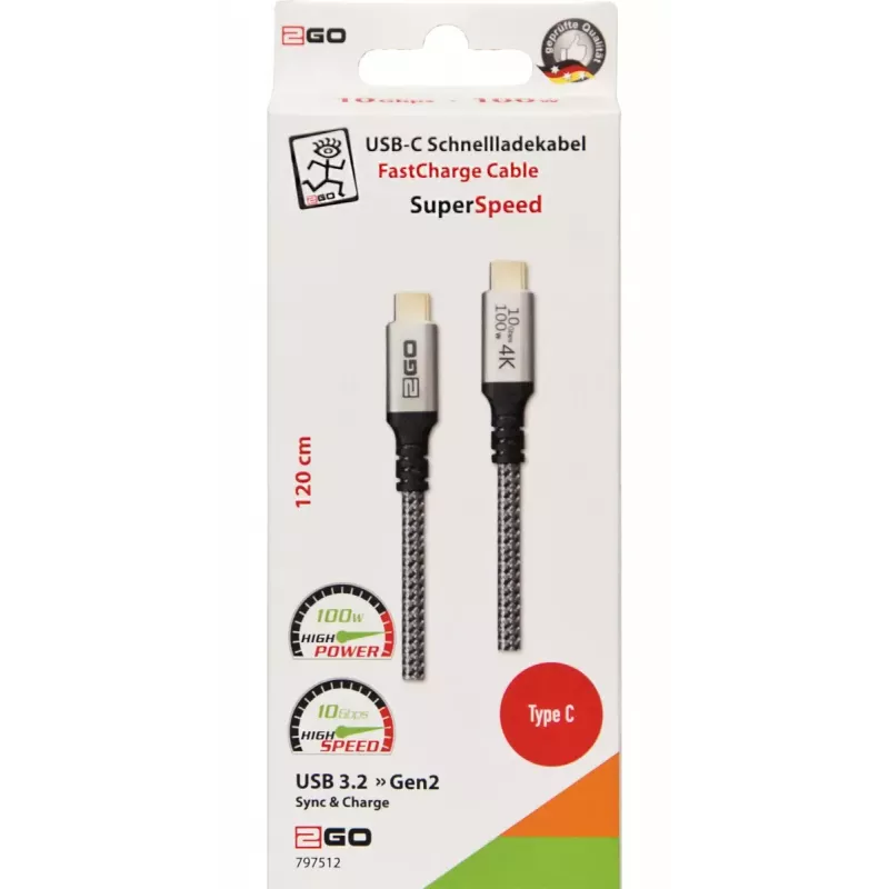 USB-kabel 2GO 797512 USB 3.2 Gen 2 1,2 m USB C zwart zilver
