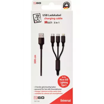 USB-kabel 2GO 797154 3m USB B USB C/Micro-USB B/Lightning zwart