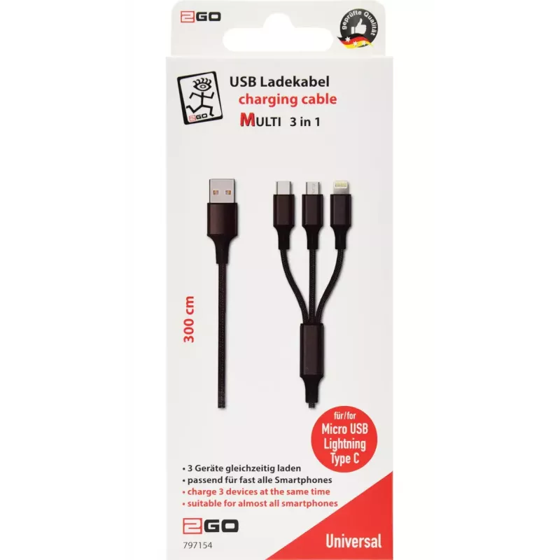 USB-kabel 2GO 797154 3m USB B USB C/Micro-USB B/Lightning zwart