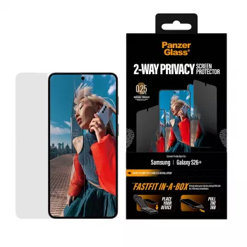 Displayschermfolie PanzerGlass 2-weg privacy voor Samsung New Galaxy S 2026 Plus — ultrabrede PET-folie met FASTFIT