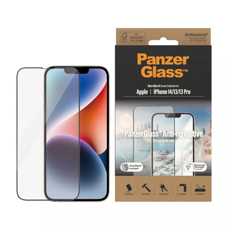 Beeldschermbescherming PanzerGlass antireflecterend voor Apple iPhone 14 / 13 / 13 Pro — gehard glas, PET, ultrabrede pasvorm, EasyAligner