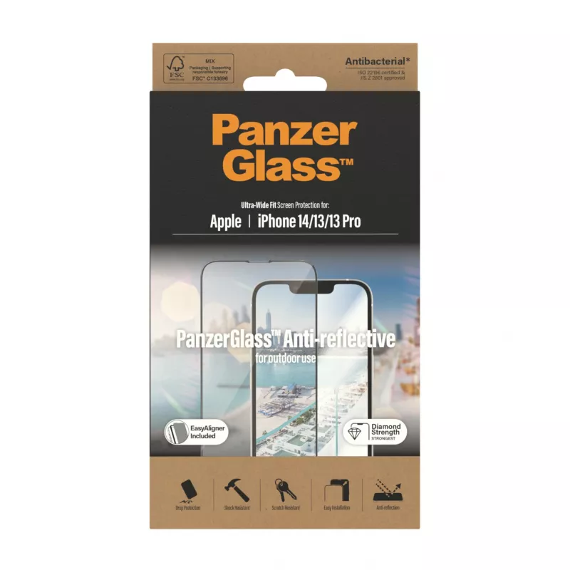 Beeldschermbescherming PanzerGlass antireflecterend voor Apple iPhone 14 / 13 / 13 Pro — gehard glas, PET, ultrabrede pasvorm, EasyAligner