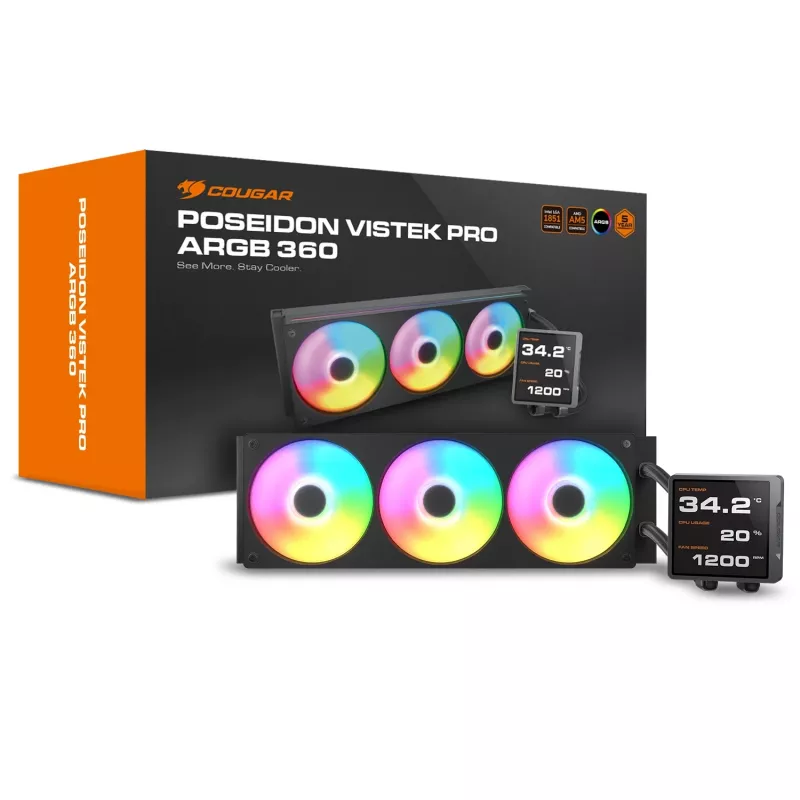 All-in-One CPU-vloeistofkoeler Cougar Poseidon Vistek Pro 360, ARGB, 120-mm-ventilator, zwart, multi-socket-ondersteuning
