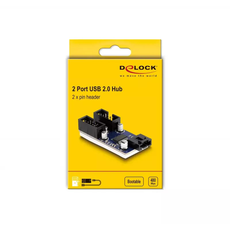 DeLOCK USB 2.0 pinheader hub 2 poorten zwart blauw