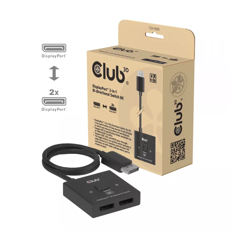 DisplayPort 2-in-1 bidirectionele switch CLUB3D CSV-1009 — 2x DisplayPort-uitgangen, 8K@60Hz, zwart