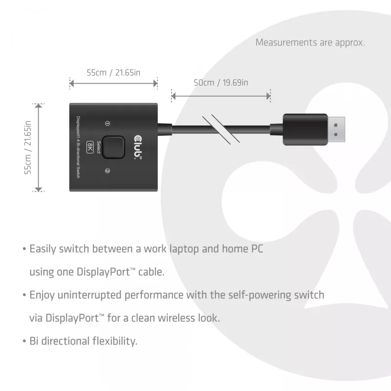 DisplayPort 2-in-1 bidirectionele switch CLUB3D CSV-1009 — 2x DisplayPort-uitgangen, 8K@60Hz, zwart