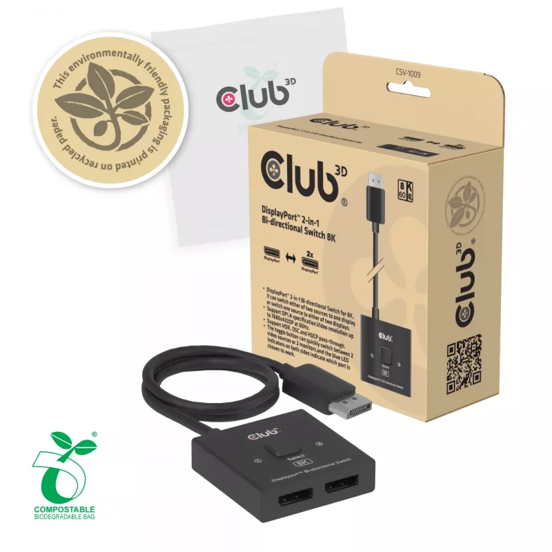 DisplayPort 2-in-1 bidirectionele switch CLUB3D CSV-1009 — 2x DisplayPort-uitgangen, 8K@60Hz, zwart