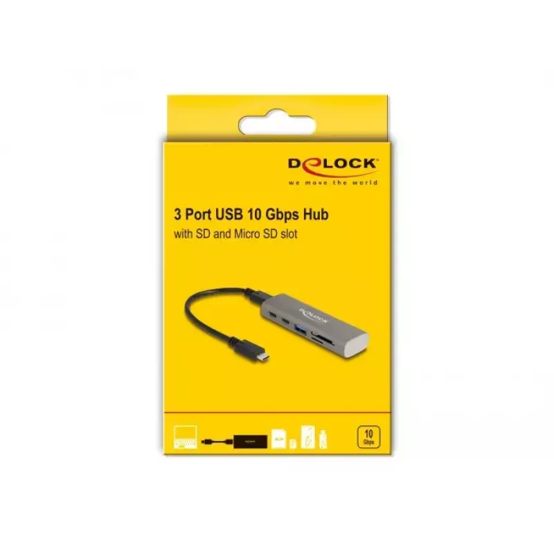 DeLOCK 3-poorts USB-hub 10 Gbps met SD Micro SD-kaartlezer Type-C