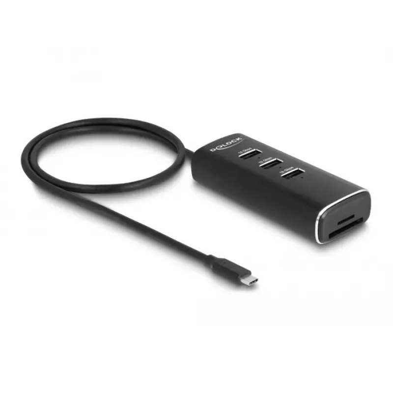 DeLOCK 3-poorts USB-hub 10 Gbps met SD Micro SD-lezer Type-C 60 cm kabel