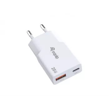 EQUIP 2-poorts 20W GaN slanke USB PD lader — USB-C x1, USB-A x1, ingang 100–240V, max. uitgang 12V, wit