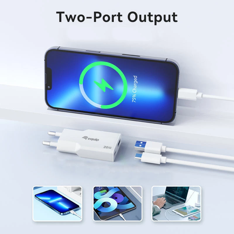 EQUIP 2-poorts 20W GaN slanke USB PD lader — USB-C x1, USB-A x1, ingang 100–240V, max. uitgang 12V, wit