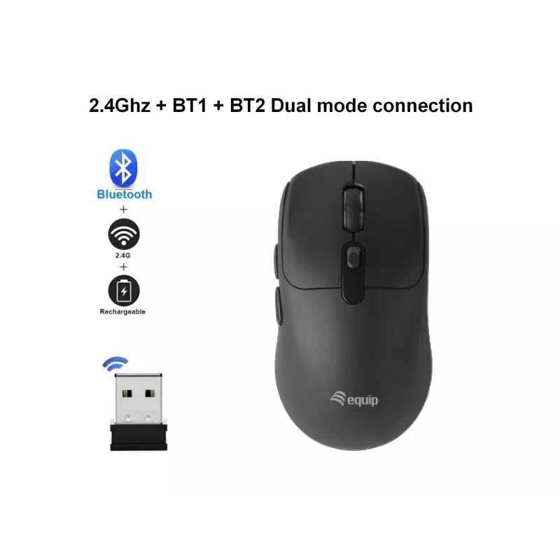 EQUIP ambidextreuze 6-toets dual-mode draadloze muis, optisch 1600 DPI, RF + Bluetooth, zwart
