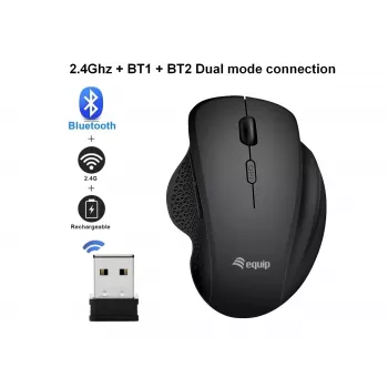 EQUIP 6-toets oplaadbare dual-mode draadloze muis – rechtshandig, optisch 1600 DPI, RF draadloos + Bluetooth, zwart