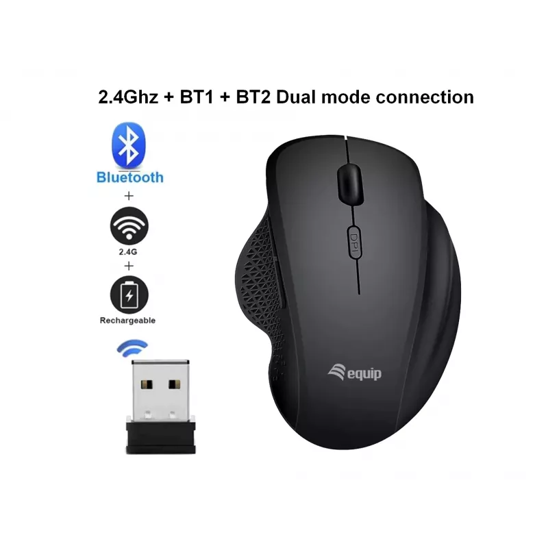 EQUIP 6-toets oplaadbare dual-mode draadloze muis – rechtshandig, optisch 1600 DPI, RF draadloos + Bluetooth, zwart