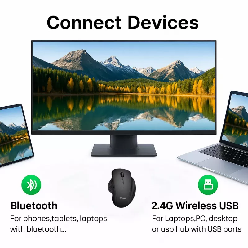 EQUIP 6-toets oplaadbare dual-mode draadloze muis – rechtshandig, optisch 1600 DPI, RF draadloos + Bluetooth, zwart