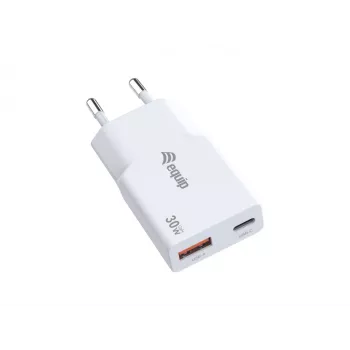 EQUIP 2-poorts 30W GaN slanke USB PD lader — USB-C x1, USB-A x1, ingang 100–240V, max. 20V uitgang, wit