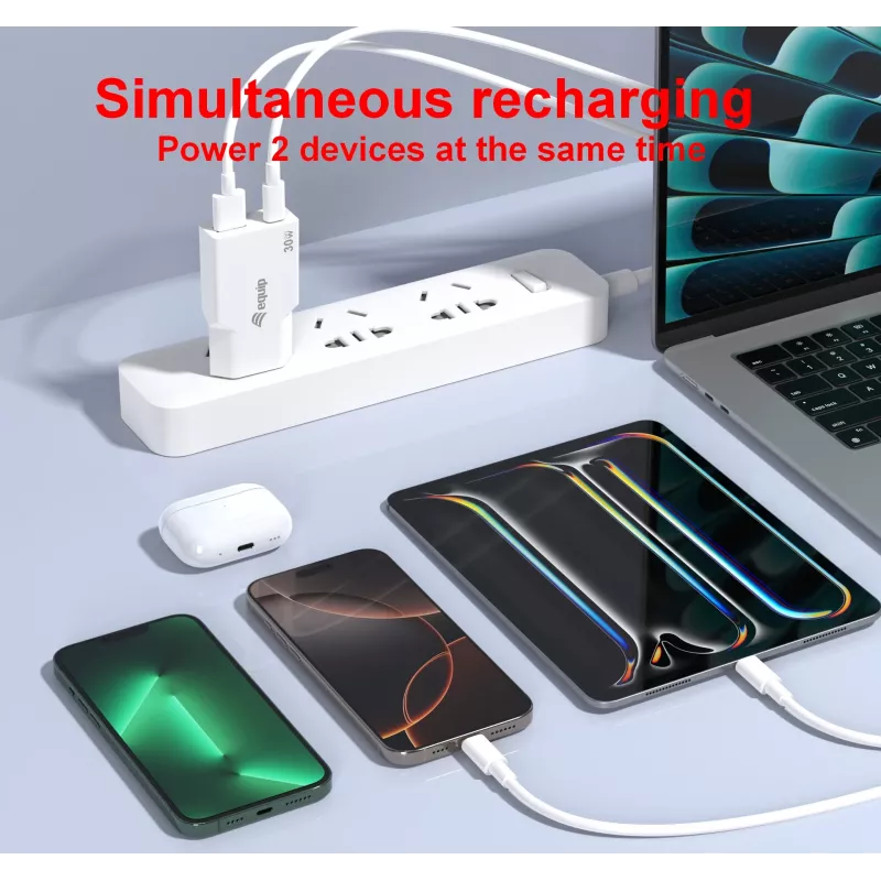 EQUIP 2-poorts 30W GaN slanke USB PD lader — USB-C x1, USB-A x1, ingang 100–240V, max. 20V uitgang, wit